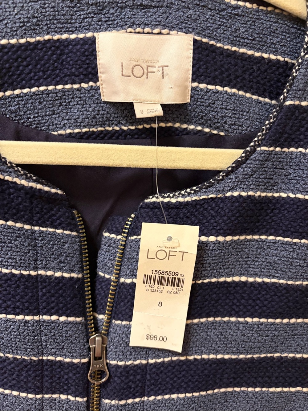 LOFT Womens Size 8 NWT Blue Striped Textured Boucle Zip Front Jacket Blazer - Picture 9 of 10